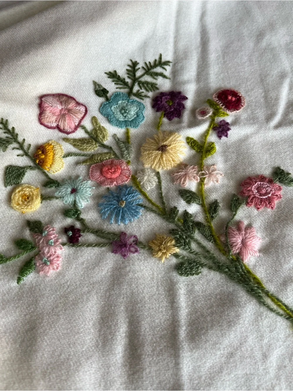 Vintage  Embroidered Floral Blanket Throw- Cream with Pastel Bouquet Silk Edging